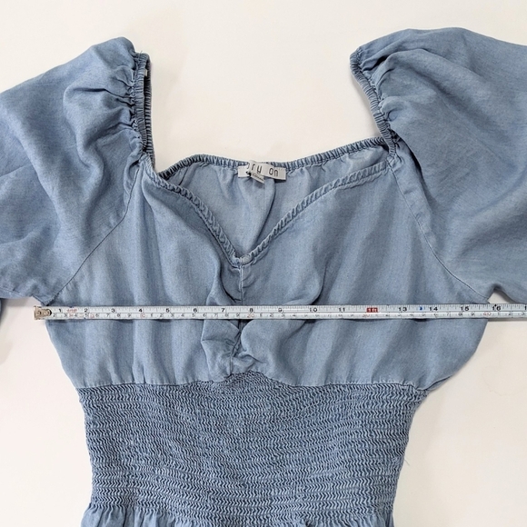 Story On Women's Blue Ruched Puff Sleeve Cropped Blouse - Picture 8 of 8